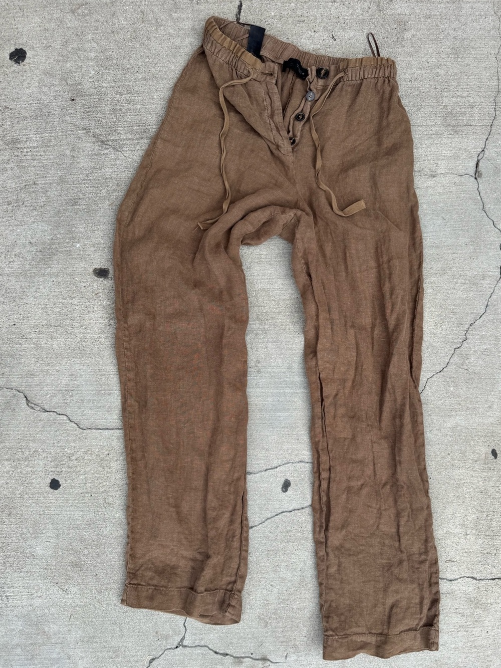 Zara Women’s Brown Solid Linen Pants Drawstring Button Fly Pockets Size XS